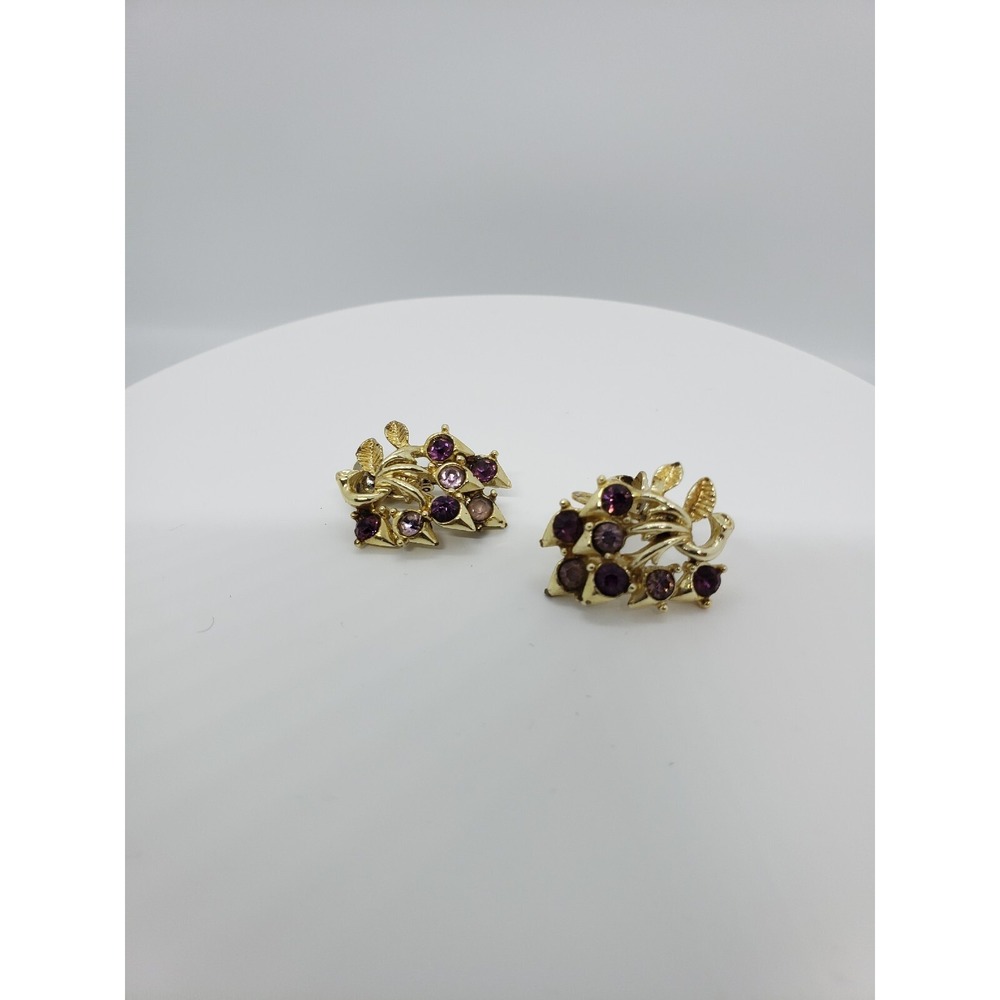 Vintage Caro Signed Floral Gold Tone Rhinestones Clip On Metal Earrings Jewelry - Picture 8 of 10